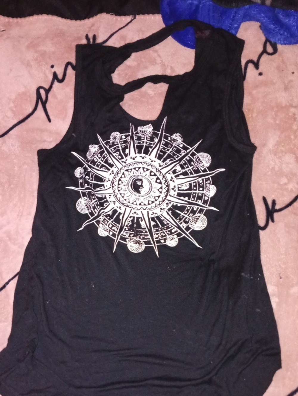 Black Graphic Racerback Tank Top with Sun Mandala